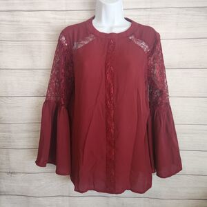 Soho Jeans Lace Blouse Small Burgundy Boho Bell Sleeve Romantic Top